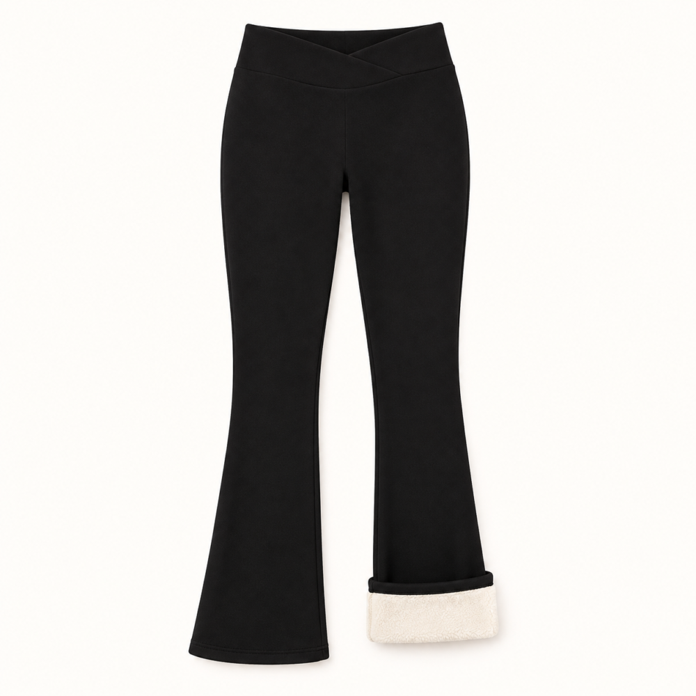 Black crossover-waist flare leggings with one hem turned up to show cream fleece lining