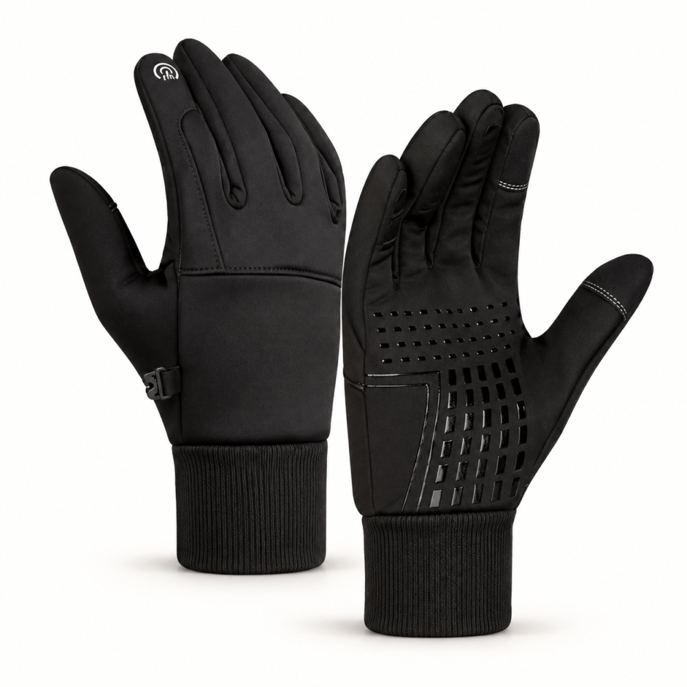 One pair of black full-finger gloves with ribbed cuffs and textured palm panels