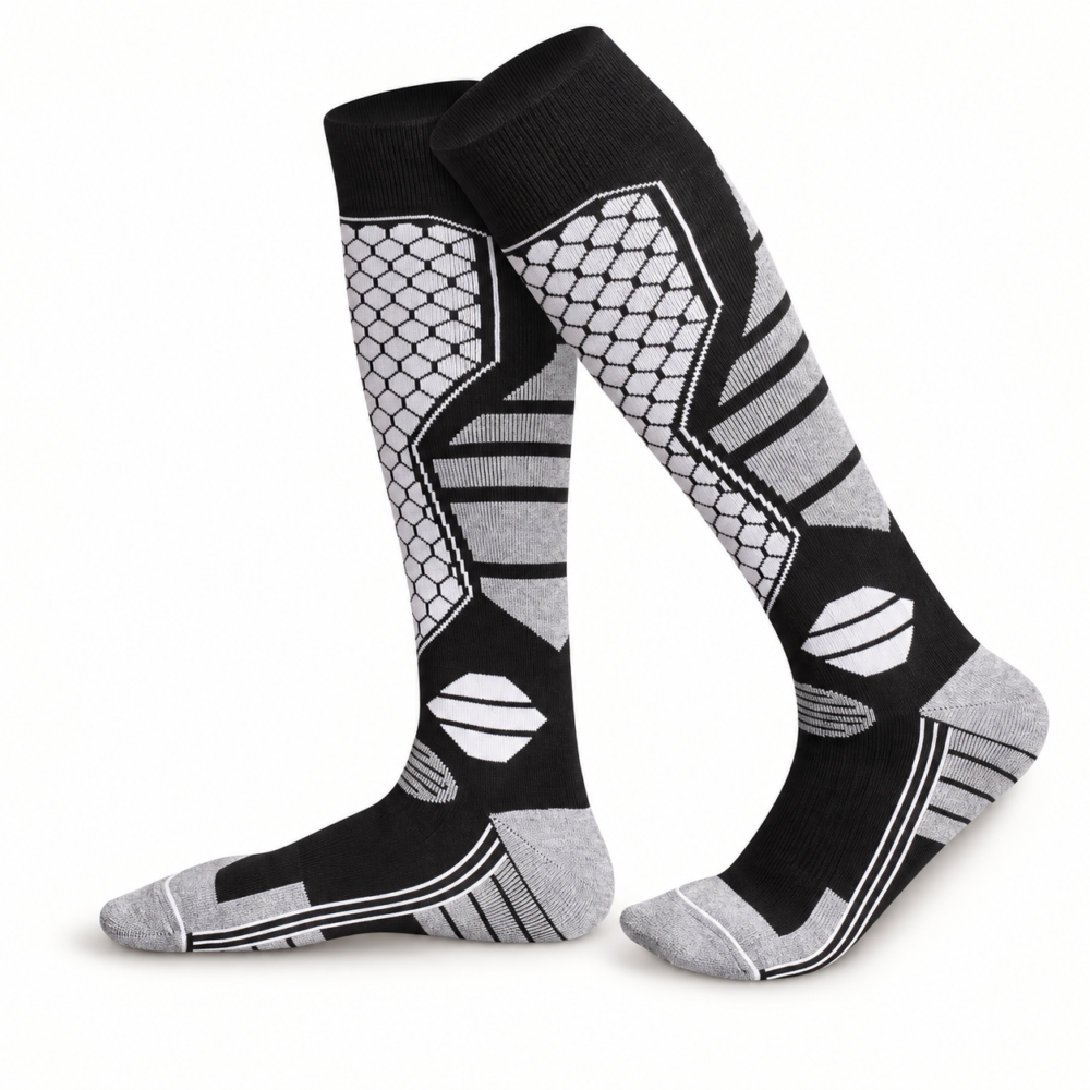 One pair of black and gray knee-high socks with geometric calf panels and contrasting toes and heels