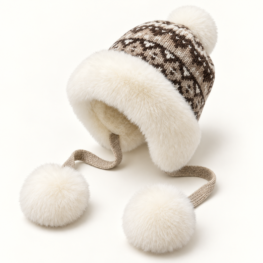 Taupe geometric knit earflap hat with fluffy white trim, crown pom-pom and two pom-pom ties